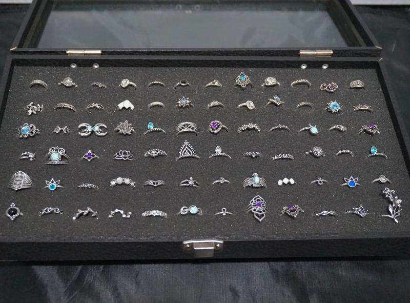 73 Asst. Silver Plated, Stone & Crystal Fashion Rings Glass Top Case