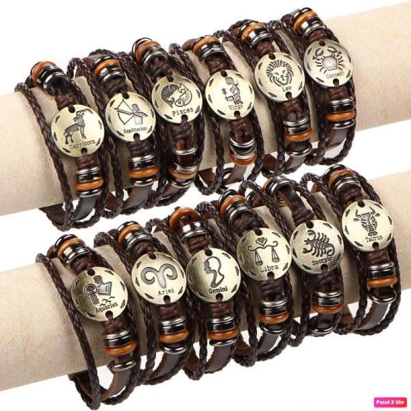 New 144pc -Horoscope leather Charm Bracelets Punk Hasp lock Braided br