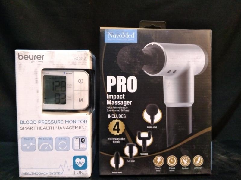 Health and Beauty - Nuvomed Massage Gun, Beurer Bluetooth Wrist Blood Pressure Monitor - MSRP $9,677