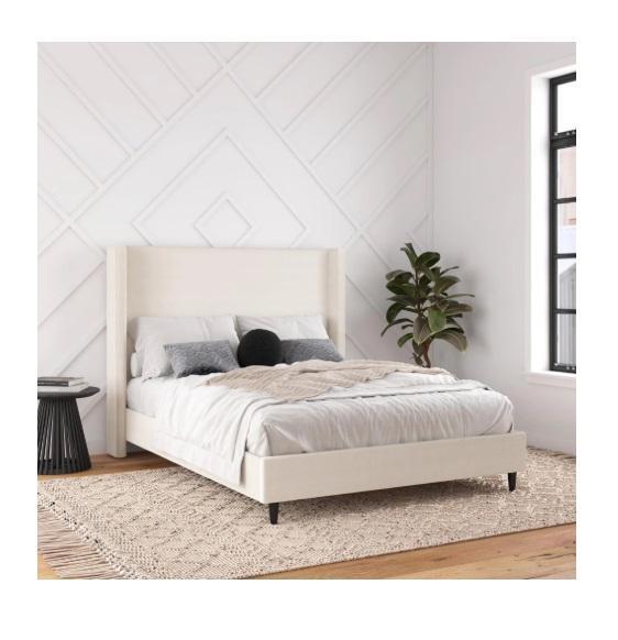 Furniture - Eveline Upholstered Queen Platform Bed Frame, Rene 42in Electric Fireplace w/Mantel for TV 65" -MSRP $2,570
