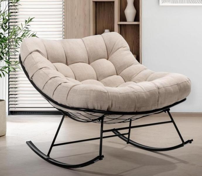 Metal Patio Lounge Rocking Chair; Beige Cushion, Black Matte Rocker - MSRP $229
