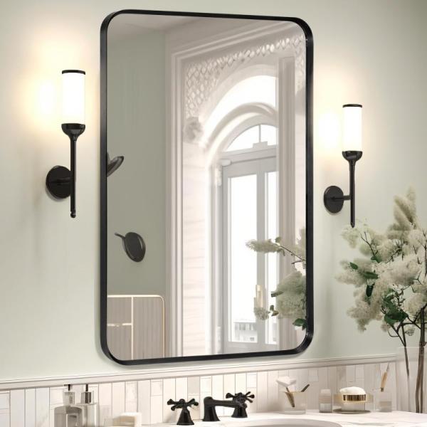 Minuover Wall Mount Rounded Corner Rectangular Vanity Mirror, 24"x36" Brushed Black Metal Framed - MSRP $69