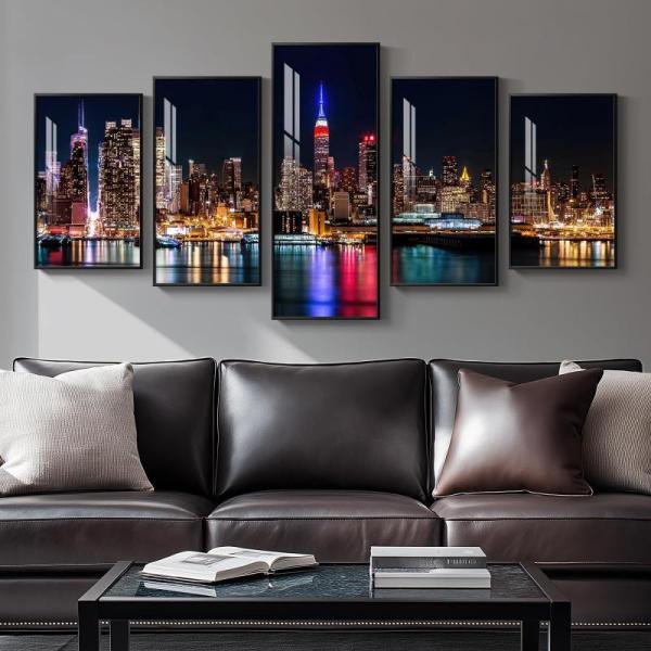 Home - Cuspin 32" x 60" 5pc Framed Modern Manhattan Night Wall Art, Jerdazen 3-in-1 Replacement Filter - MSRP $2,282
