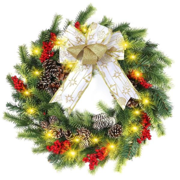 Home - Geoqiyale 20" Artificial Christmas Wreath w/ Lights, U'Artlines 2pc 27.5" Xmas Swag for Front Door - MSRP $8,787