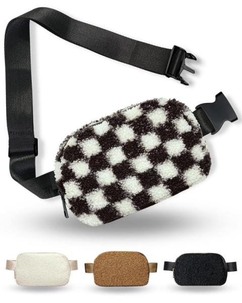 Luggage - 	Boutique Fleece Belt Bag Sherpa Checkered Crossbody Bag, Kathylighting Belt Bag for Women - MSRP $8,162