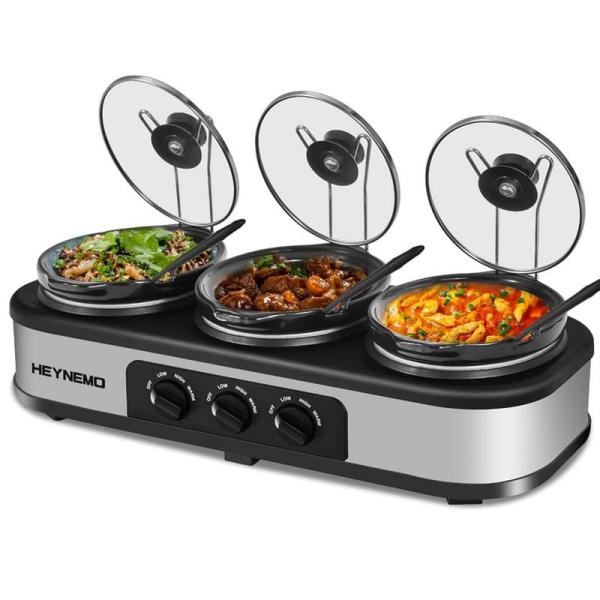 HEYNEMO Triple Slow Cooker Stainless Steel 3 x 1.5 Quarts Buffet Servers and Warmers - MSRP $89
