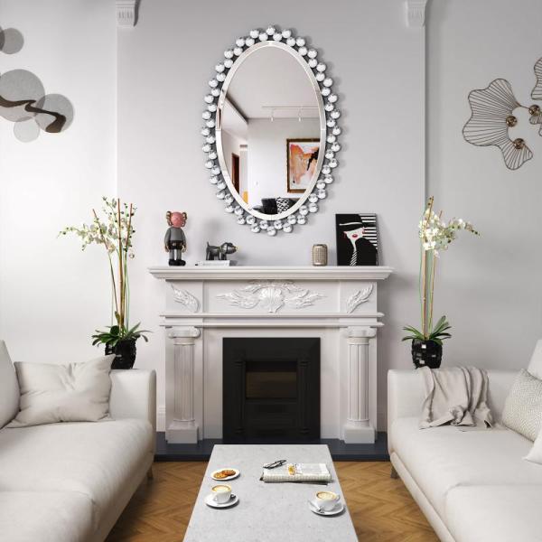 Home - JACUKO 23.6" x 35.5" Oval Diamond Accent Wall Mirror, Luyue 2pk 3ft Artificial Boxwood Ball Tree - MSRP $7,341