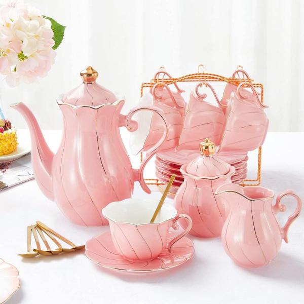 Kitchen - DUJUST 22pcs Luxury British Style Porcelain Tea Set for 6, Solino Home 70" Round Tablecloth - MSRP $7,442