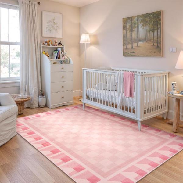 Furniture - Tejoe Ultra Soft Area Rug, Morebes Checkered 5x7 Pink Rugs - MSRP $3,366