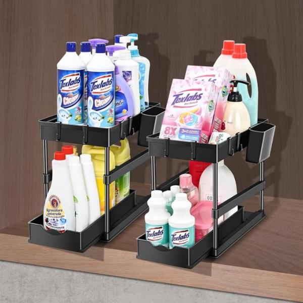 Home - JPart 2pk 2-Tier Under Sink Organizers & Storage, Vofstand Minimalist Black Abstract Metal Wall Art- MSRP $3,360