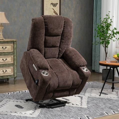 Furniture - Large Power Lift Recliner Chair with Massage & Heat, Bella Fabric Upholstered Wood Barstool - Est Retail $3,595