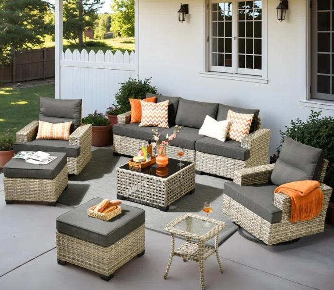 TRUCKLOAD -Furniture - Carolle 8pc Outdoor Patio Conversation Set, Sicilia Foldable Corduroy Sleeper Sofa -MSRP $19,596
