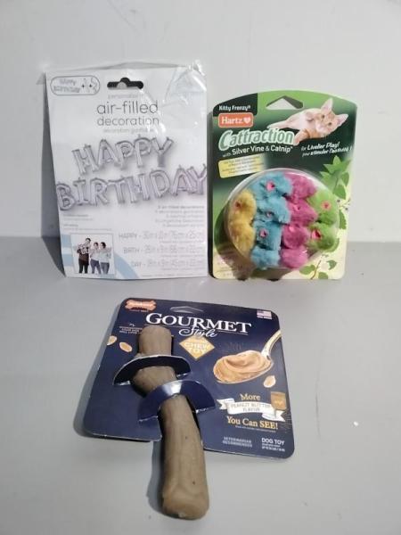 Bed Bath and Home - Happy Birthday Phrase Balloon, Hartz Cattraction Cat Toy, Candle, Spiced & Iced - MSRP $6,340