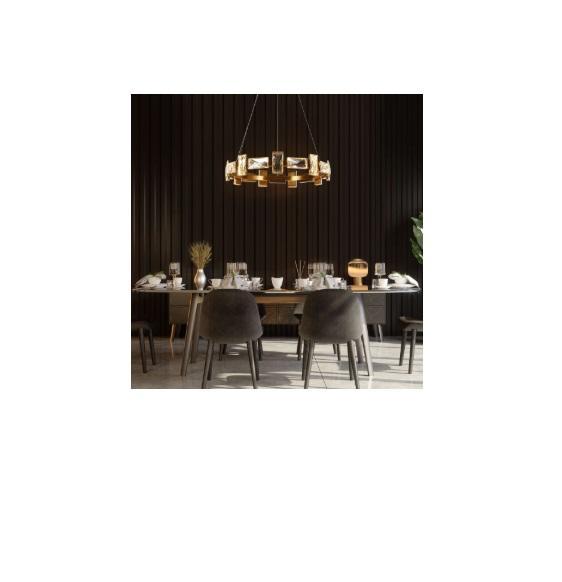 Furniture - Modern 1-Light LED Crystal Drum Chandelier, Poly & Bark Notello Leather Counter Stool - Est Retail $5,124