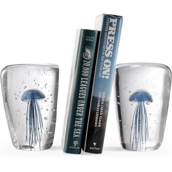 Home - SPI Art Glass Blue Jellyfish Wedge Bookends, Transpac Set of 3 Glass Autumn Pumpkin Figurines - MSRP $14,210