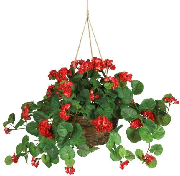 Nearly Natural 6609-RD 24" Geranium Hanging Basket Silk Plant - MSRP $49