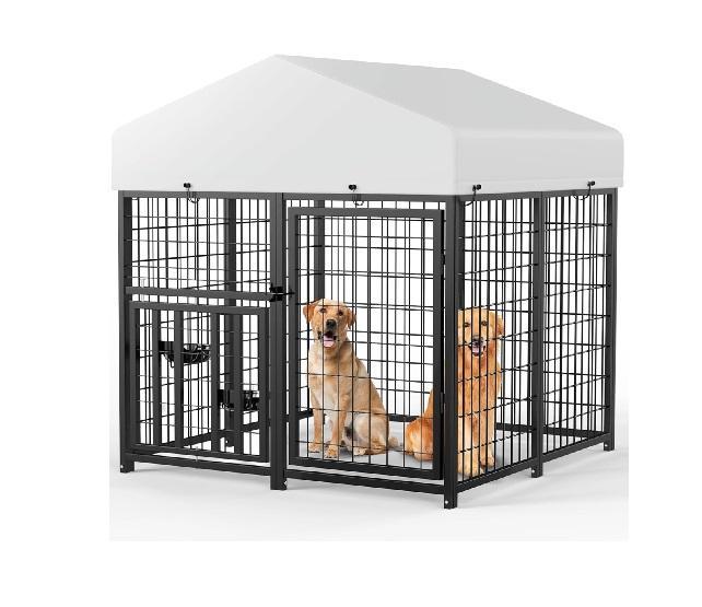 LOVMOR Outdoor Dog Kennel for Medium Dogs with Rotating Feeder Bowls, Heavy Duty Welded Wire Steel - MSRP $179