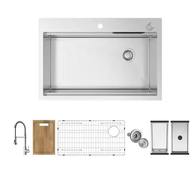 Plumbing - Glacier Bay 33 in. Drop-In Single Bowl Sink, KINWELL, LEO, CROSLEY FURNITURE, HDC - Est Retail $1,345
