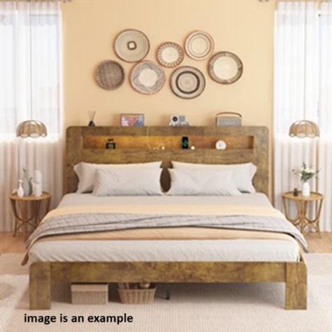 Mid Century Modern Solid Wooden Queen Size Platform Bed with Storage Headboard, Built in Charging - MSRP $429