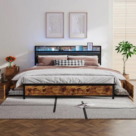 Queen Bed Frame w/ Storage Headboard, Metal Platform Size Bed Frame with Drawers & Charging Station - MSRP $225
