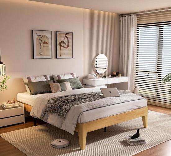 Full Size Mid Century Modern Solid Wooden Platform Bed, No Box Spring Needed (Nature) - MSRP $299