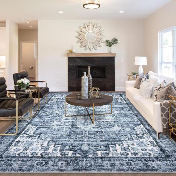 SIILOOM 8x10 Oriental Area Rug Blue Vintage Floral Large - MSRP $115
