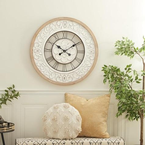 Home Decor - Deco 79 Wooden Floral Decorative Wall Clock, Motorized Roller Blackout Shade - MSRP $1,222