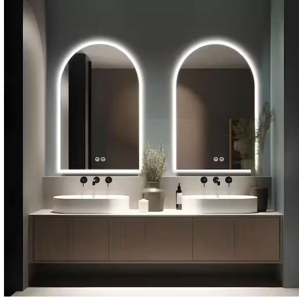 Plumbing - Dovelina 26x38 Arched Anti-Fog LED Mirror, Glacier Bay, Cadet, Drain-Sleeve, RELN, HDC - Est Retail $2,084