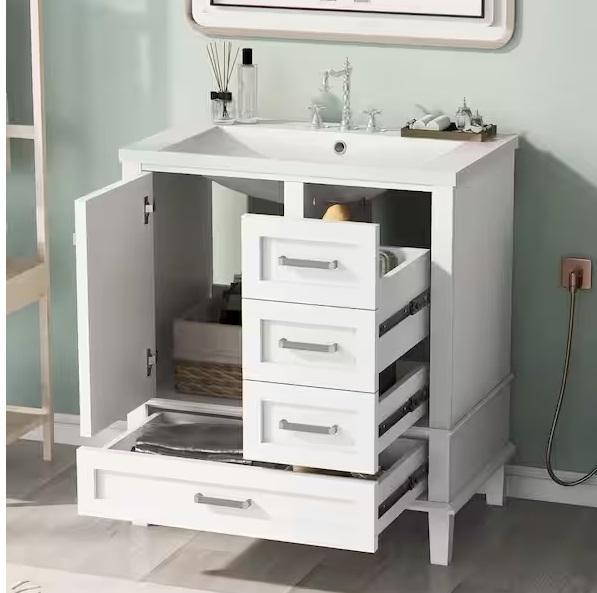Plumbing- Magic Home 30 in. Modern Freestanding Drawer Vanity, Glacier Bay, NTQ, SINKOLOGY, GLSLAND - Est Retail $2,206