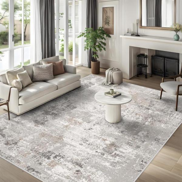 9x12 Washable Living Room Rugs - Modern Abstract Neutral - MSRP $97