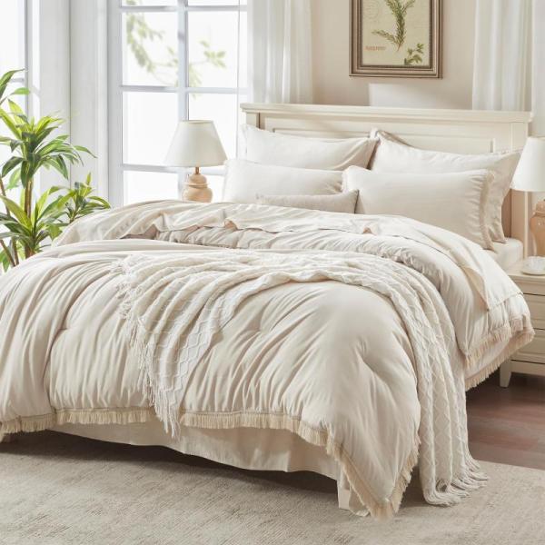 Andency Beige Comforter Set, 7pc Full Size - MSRP $58