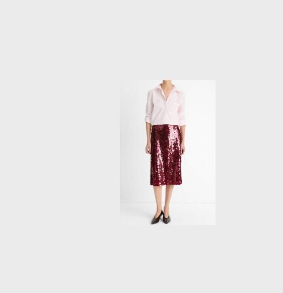 Apparel - Vince Sequined Midi Skirt, Silk Cap Sleeve Ruched Back Shirt, Tipped Slim Long Sleeve Blouse - MSRP $4,923