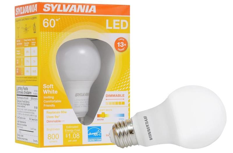 SYLVANIA A19 LED, 9W 60W Equivalent, Dimmable, 800 Lumens, Soft White