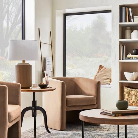 Furniture - Vernon Barrel Accent Chair, Dark Gray Sofa, Artificial Olive Tree, Nuvo Bathroom Lighting - MSRP $2,847