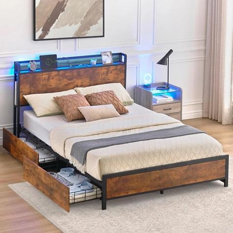 NEW - Queen Bed Frame with Storage Drawers, Charging Station, LED Light, Storage Headboard, Slat Support - MSRP $217