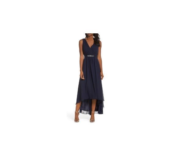 Apparel - Eliza J Embellished High/Low Chiffon Dress, Illusion Feather Trim Dress, Side Tuck Gown -Original MSRP $1,650