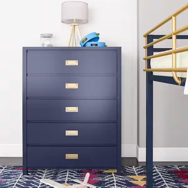 Furniture - Navy 5-Drawer Dresser, Upholstered Platform Bed, Small Space Bunk Bed - MSRP $1,549