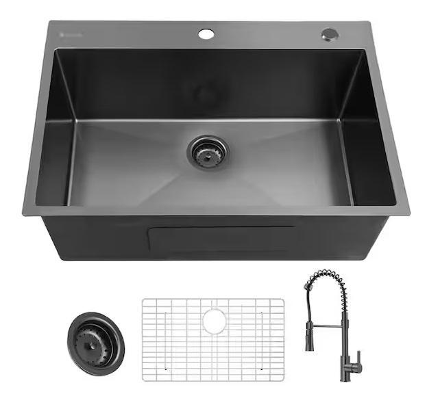 Plumbing - Glacier Bay 33" Drop-In Single Bowl 18 Gauge Kitchen Sink, Bratten 33" Sink, Master Flow - Est Retail $1,058