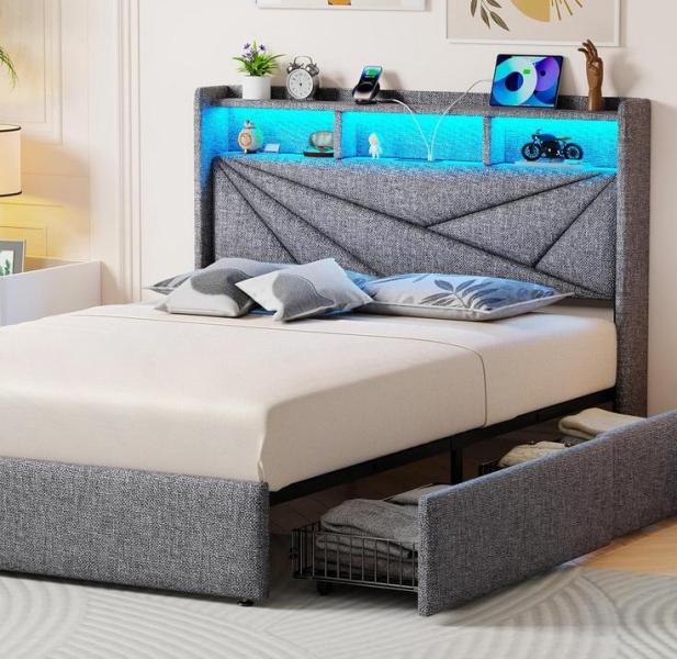 NEW - Driftalia Upholstered King Bed Frame with 4 Storage Drawers and LED Lights Headboard, Light Grey - MSRP $264