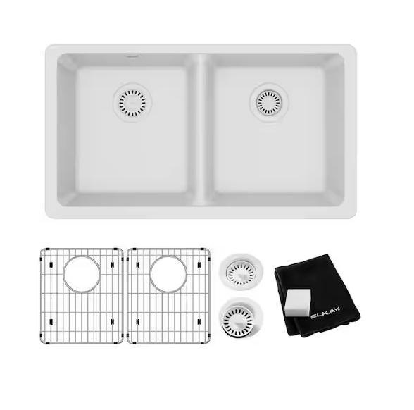 Plumbing - Elkay Quartz Classic 33in Double Bowl Kitchen Sink, Glacier Bay, K2, HOMEIBRO, HDC - Est Retail $2,188