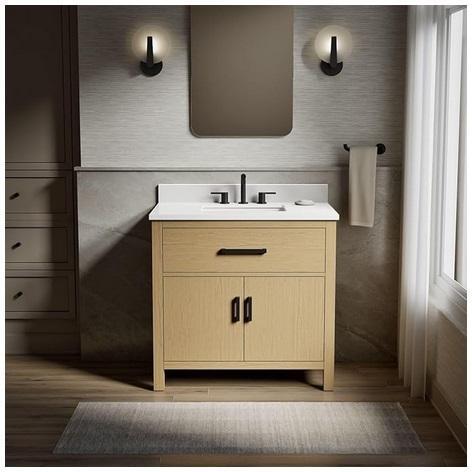KOHLER Kresla 36" Bathroom Vanity Cabinet with White Single Sink and Quartz Top, Weathered Oak - MSRP $1,183