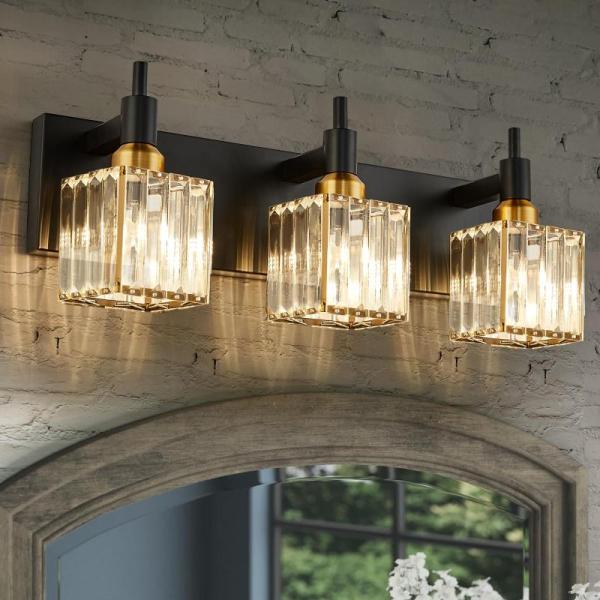 HUOKU Modern Crystal Bathroom Vanity Light, 3-Light Brass - MSRP $96
