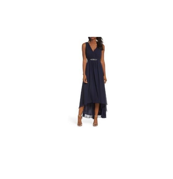 Apparel- Eliza J Embellished High/Low Chiffon Dress, Illusion Feather Trim Dress, Bow Bodice Gown -Original MSRP $1,640