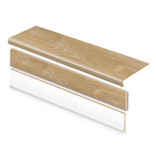 Pallet of Cap A Tread Dusk Cherry 47inLx12.15inWx57.91mmT Vinyl Overlay Stair Tread & Revervible Riser- Est Retail $946
