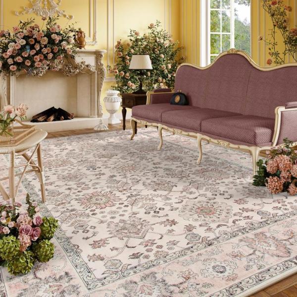 Furniture - hmleton Modern Arch-Shaped Beige Travertine Coffee Table, Lahome Boho Pink Area Rug - MSRP $6,088