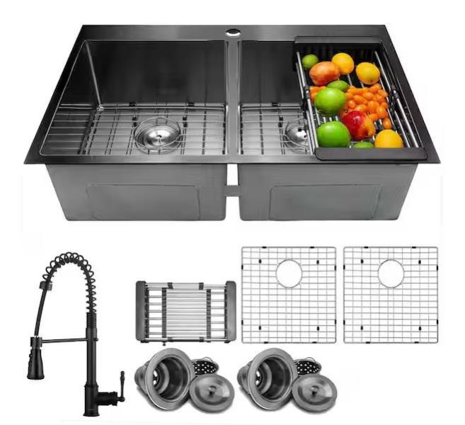 Plumbing - AKDY All-in-One Stainless Steel 33in Double Bowl Kitchen Sink, Nestfair, Swiss Madison - Est Retail $1,176