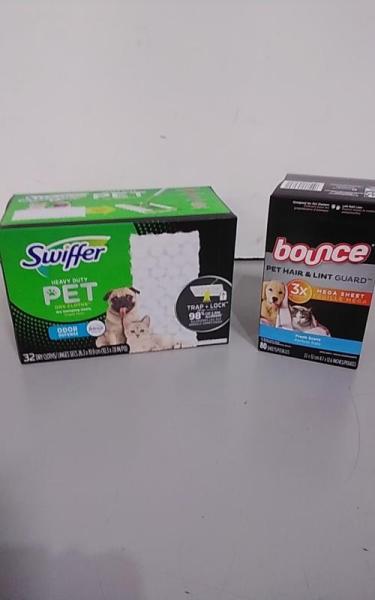 Home - Bounce Pet Hair and Lint Guard Mega Dryer Sheets, Swiffer Sweeper Pet Dry Multi-Surface Cloths - MSRP $1,130