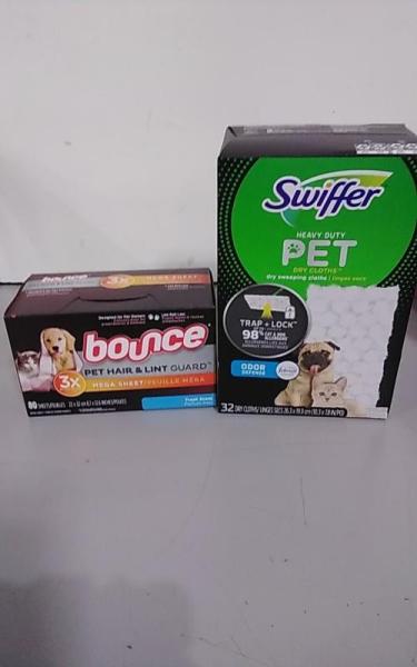 Home - Bounce Pet Hair and Lint Guard Mega Dryer Sheets, Swiffer Sweeper Pet Dry Multi-Surface Cloths - MSRP $1,130