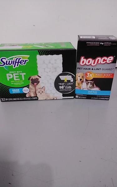 Home - Bounce Pet Hair and Lint Guard Mega Dryer Sheets, Swiffer Sweeper Pet Dry Multi-Surface Cloths - MSRP $1,506