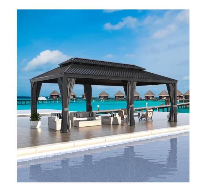 Doors & Windows-20 ft. W x 14 ft. L Aluminum Double Hardtop Gazebo with Curtains and Netting - Est Retail $2,257